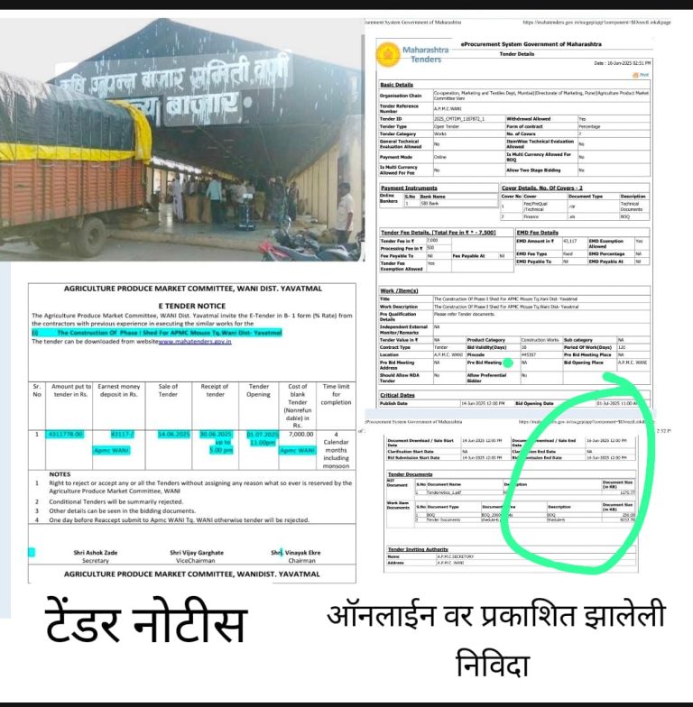 वणी कृषी उत्पन्न बाजार समितीच्या शेड बांधकाम निविदेत चलाखीचा डाव? वाचा सविस्तर वृत्त