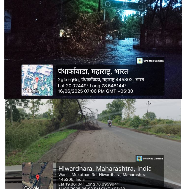 कार्यकारी अभियंता सा. बां. विभाग दिव्याच्या …. खालीच अंधार,   पांढरकवाडा येथे व मुकुटबन रोडवर झाडे रस्त्यावर कोसळलेली; अपघात होऊनसुद्धा प्रशासन शांत