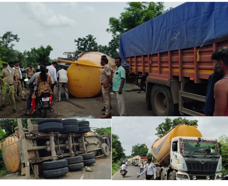 मुकुटबन मार्गावरील सैदाबाद फाट्याजवळ बल्कर वाहन पलटले; वाहतूक ठप्प